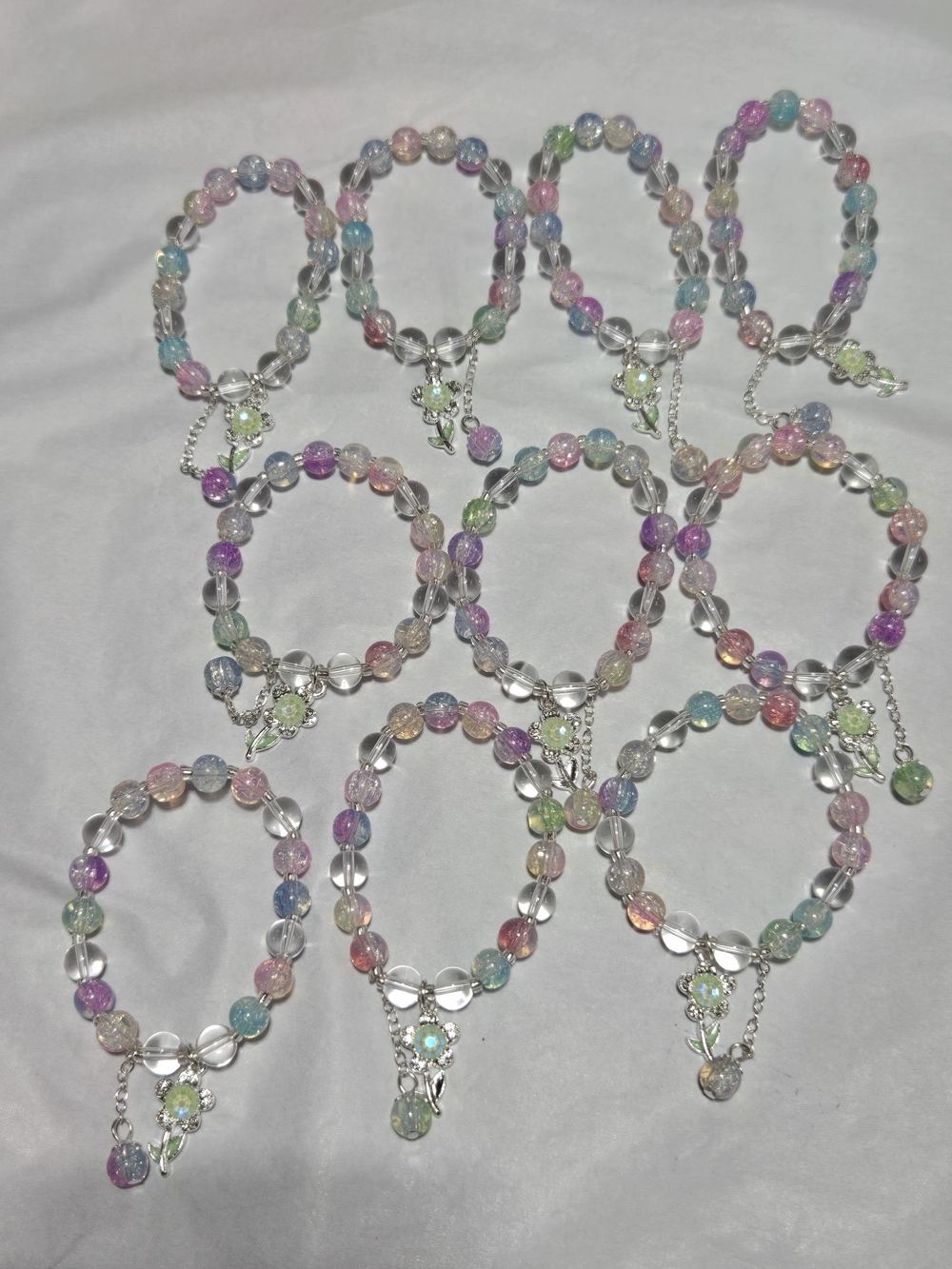 8mm Pastel Multi-Color Glass Beaded Bracelet with Crystal Flower Charm- For 1